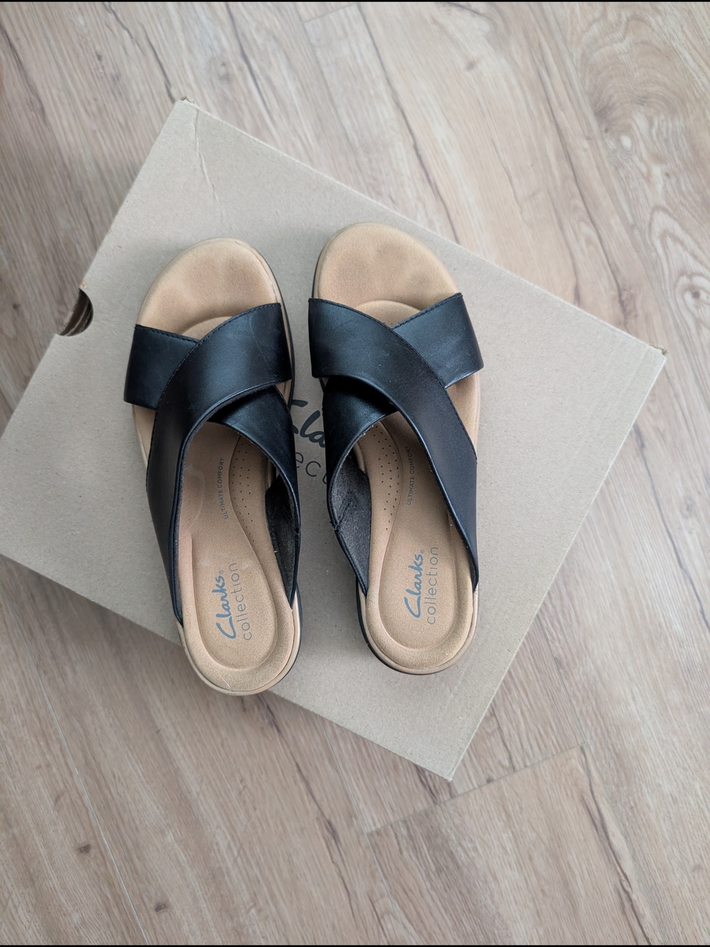 Clarks Collection Black Slip-On Cross-Strap Sandals